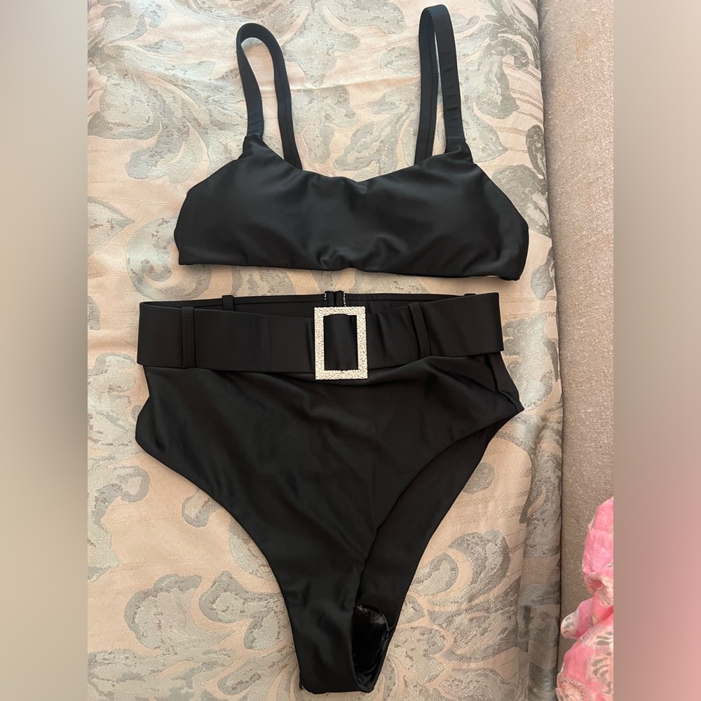 Black High Waisted Two Piece Set | Black High Waisted Bikini with Belted Bottom - Picture 5 of 9